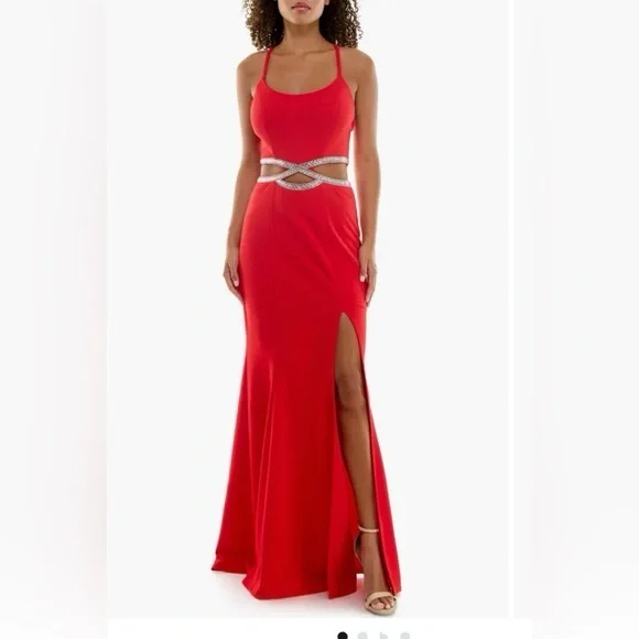 Speechless Red Prom / PageantGown with Halter Neckline and Silver Embellishments - Picture 7 of 10